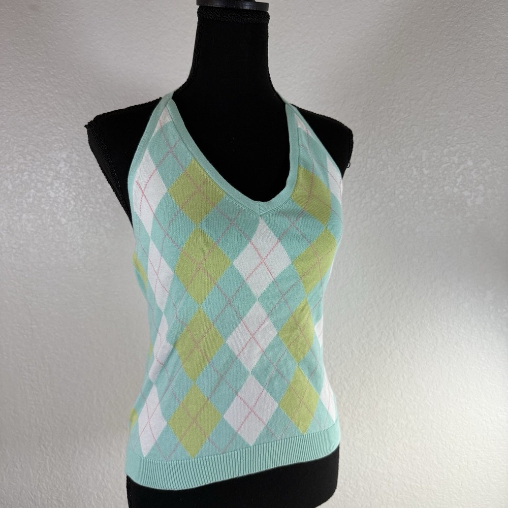 Michael Kors Women's Vtg Halter Top Y2K Argyle 100% Cotton Blue V-neck Sz M